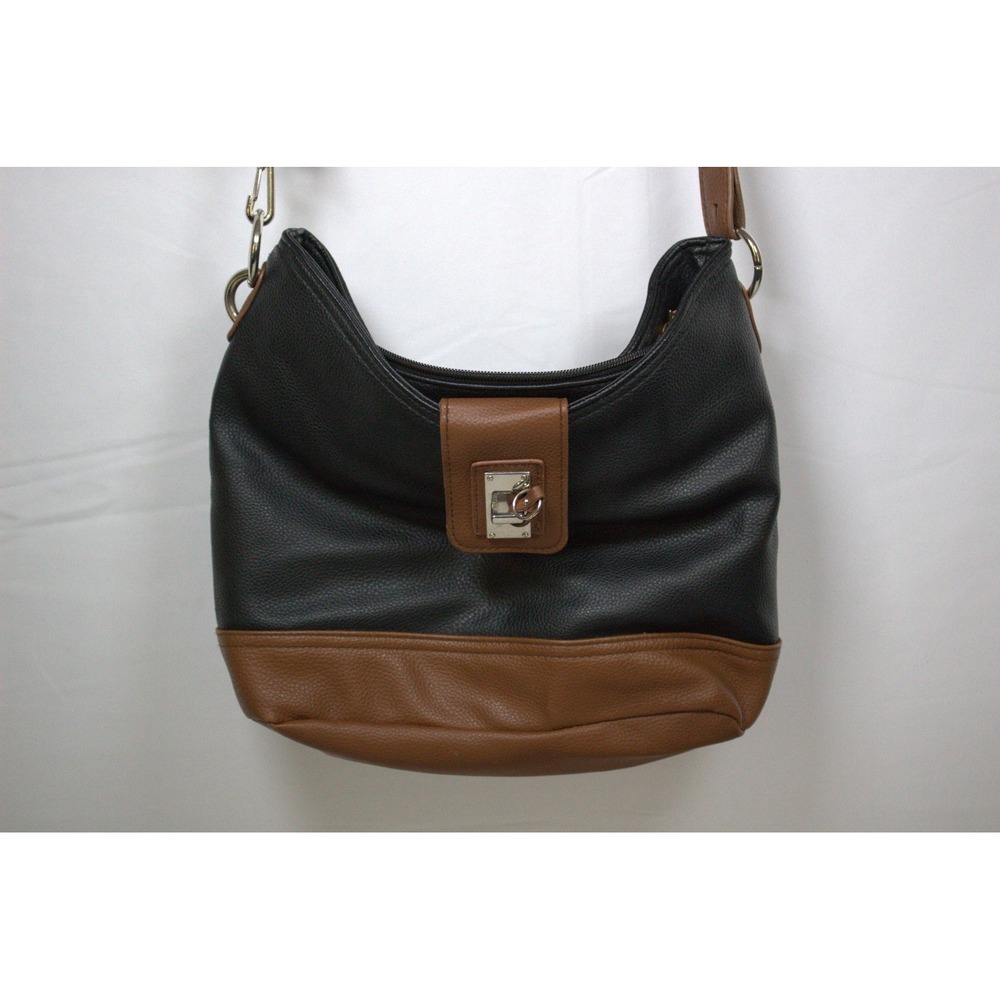 Women Crossbody Bag Grain Leather Black & Brown Zip Up Casual Outings With Charm